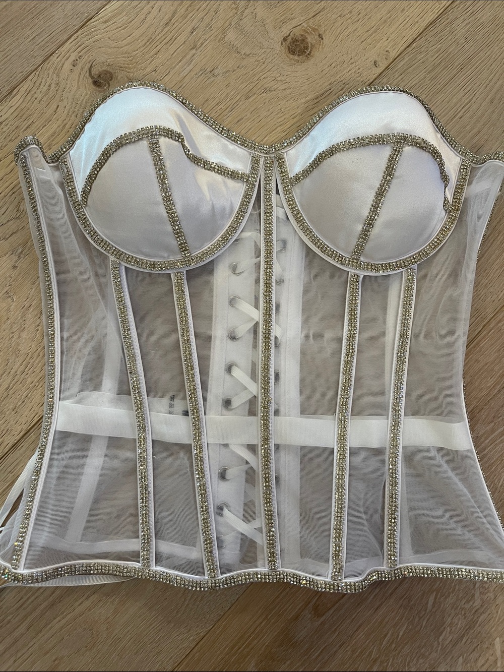 PERFECT CORSET sheer white with rhinestones womens size medium